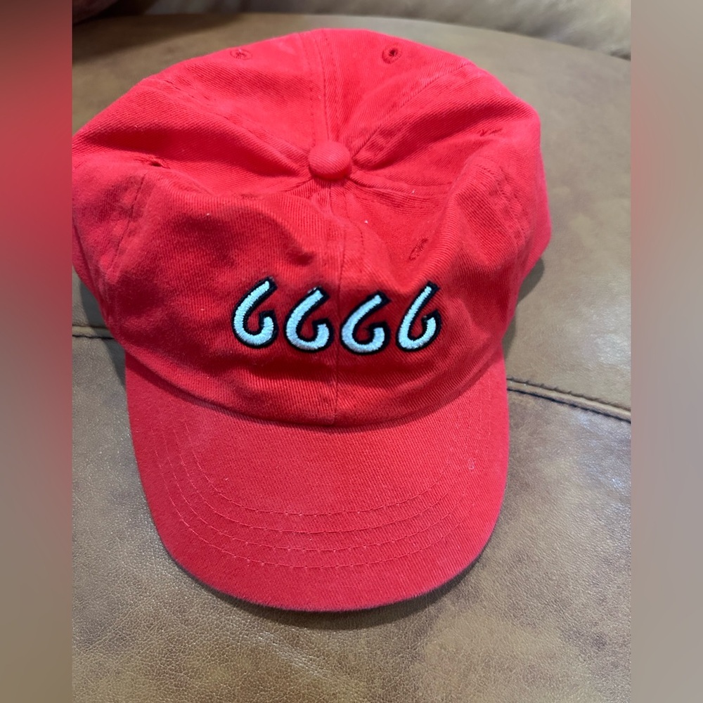 Vibrant Red Kids Cap with Embroidered 6666 Ranch in West Texas.